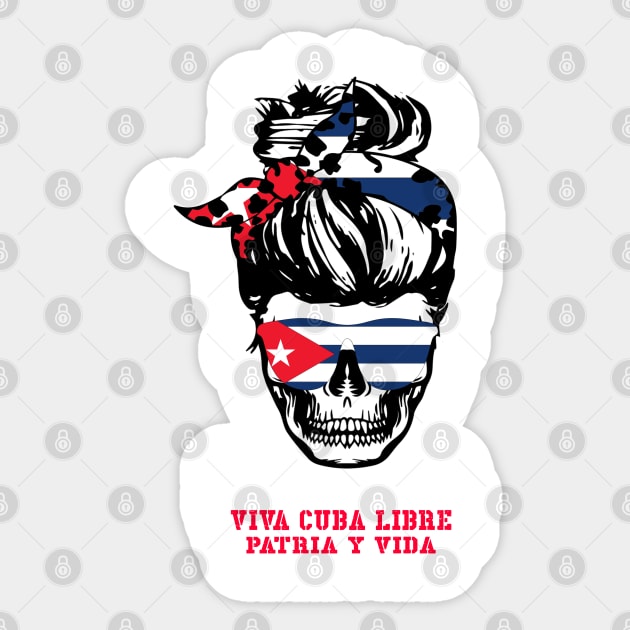 Messy Hair Bun Woman Skull Free Cuba Flag Sos Cuban Vintage Sticker by Johner_Clerk_Design